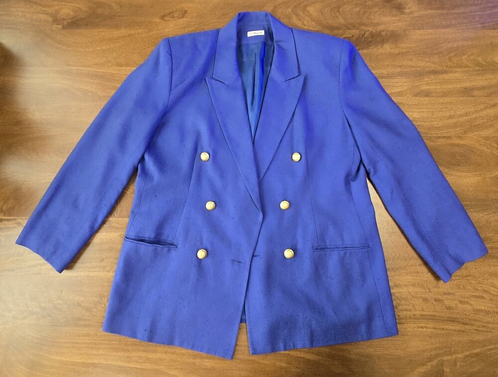 Vintage Doncaster Silks Royal Blue Double Breasted 100% Silk Blazer Jacket Sz 14